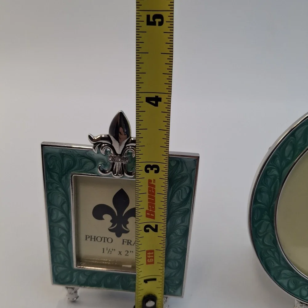 Vintage Fleur De Lis‎ Photo Frame Set Teal Enamel Silver Tone Round Square Mini